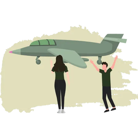 Boy And Girl Are Happy To See The Military Plane Illustration