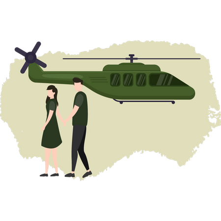 Military Man And Girl Walking Near Military Helicopter  Illustration