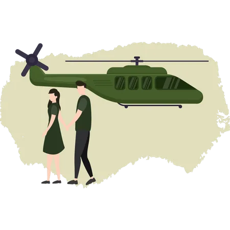 Military Man And Girl Walking Near Military Helicopter Illustration