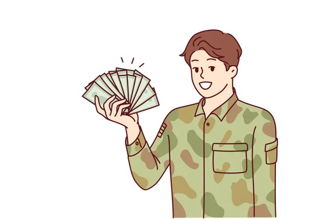 Man In Military Uniform Holds Money Calling To Become Soldier Of Army For Large Income Or Preferences Employee Of Private Military Company In Camouflage Clothes Boasts Of High Salary Illustration