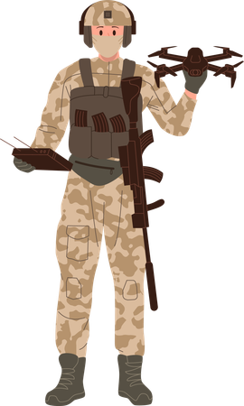 Military man soldier drone operator controlling unmanned aerial jet vehicle  일러스트레이션