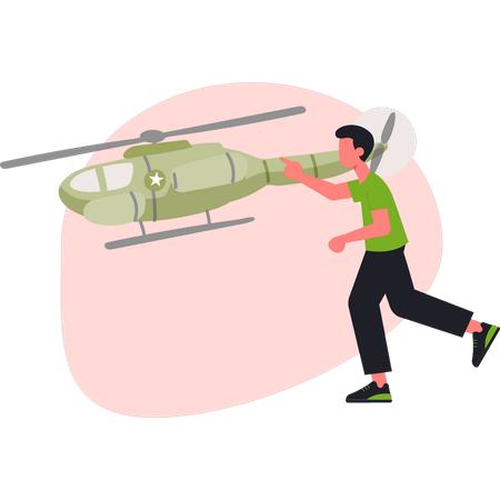 Military man walking near military helicopter  Illustration