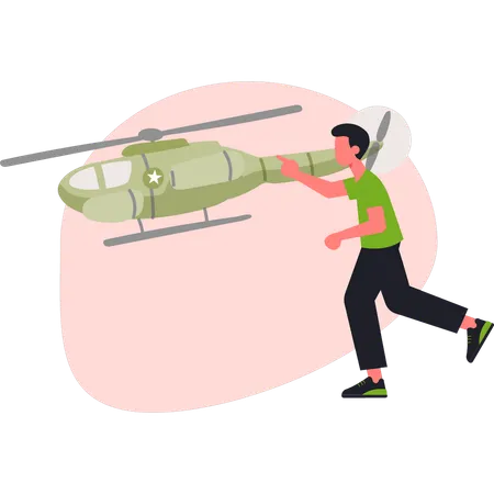 Military man walking near military helicopter  Illustration