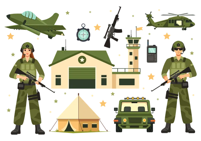 フラットスタイルの漫画の背景に兵士、武器、戦車、重装備を特徴とする軍隊のベクターイラスト イラスト