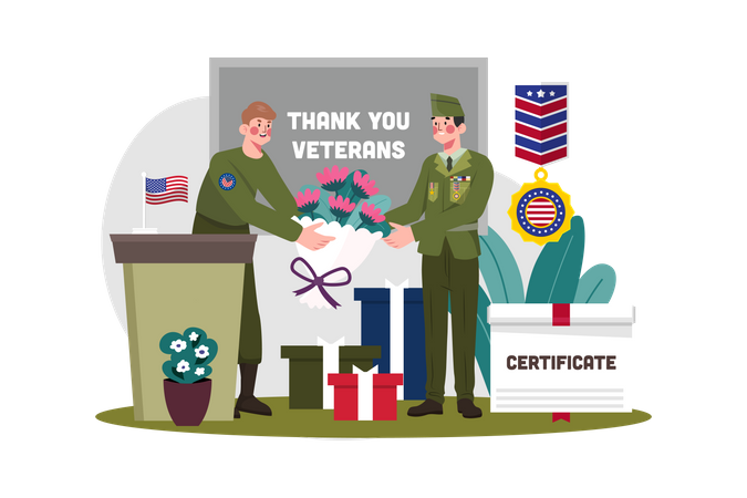 Military officer present award certificates to veterans of service  Illustration
