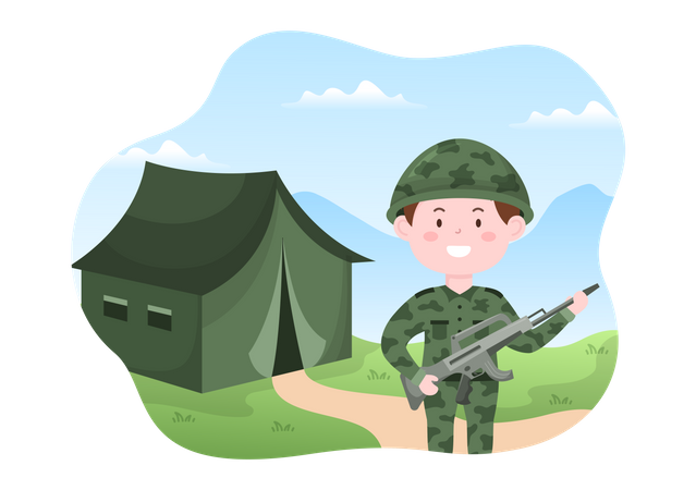 Military officer with gun on military tent  Illustration