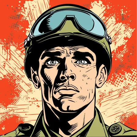 Military soldier in camouflage and helmet Pop art retro vintage poster drawing 50s 60s style  Illustration