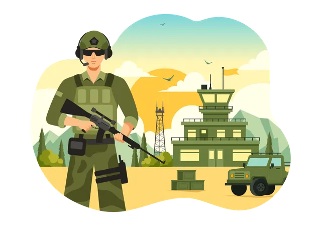 Military soldier protects citizens  Illustration