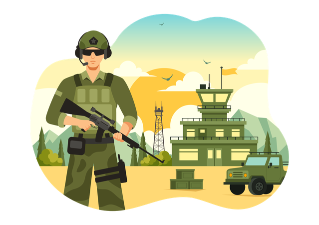 Military soldier protects citizens  Illustration