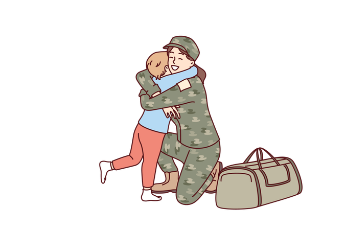 Military woman hugs son after returning from army  Illustration