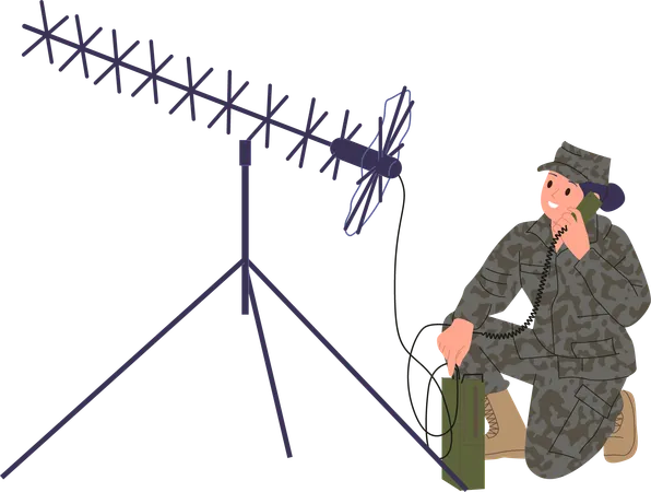 Military woman working with radio communications in army  Illustration