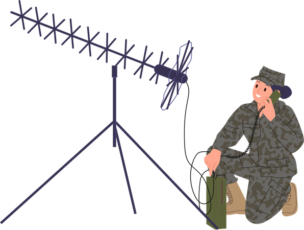 Military woman working with radio communications in army  Illustration