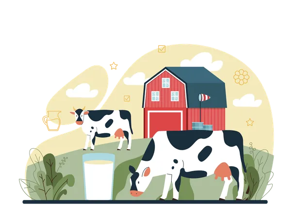 Dairy Farm Milkmaid Milking A Cow Milk Cheese Butter Making Dairy Natural Products For Breakfast Healthy Organic Food Flat Vector Illustration イラスト