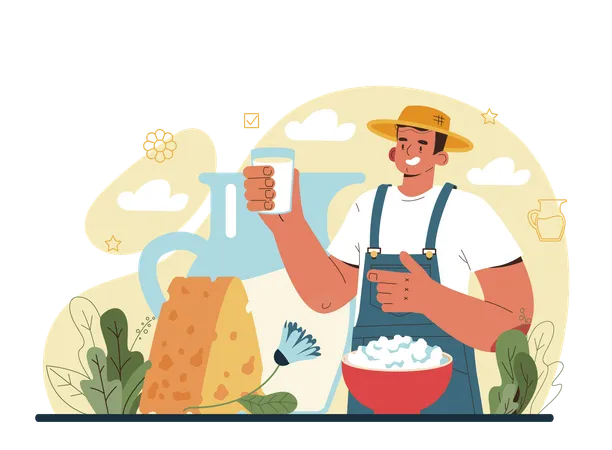 Dairy Farm Milkmaid Milking A Cow Milk Cheese Butter Making Dairy Natural Products For Breakfast Healthy Organic Food Flat Vector Illustration Illustration