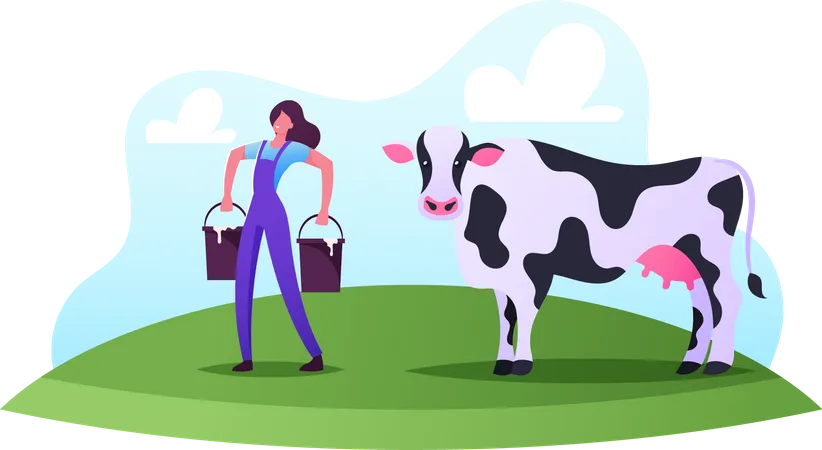 Milkman Profession Concept Female Character Work On Farm Milkmaid Woman In Uniform Carry Buckets After Milking Cow On Field Milk And Dairy Farmer Agriculture Production Cartoon Vector Illustration Illustration