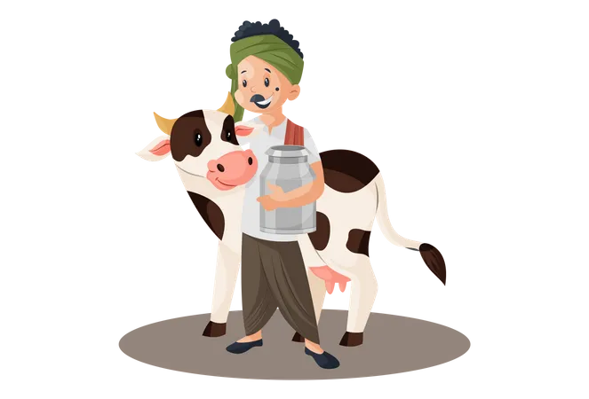 Milkman holding container and standing with a cow Illustration