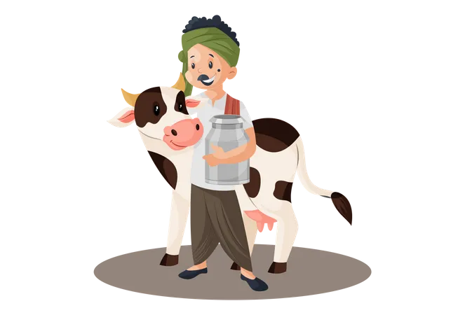 Milkman holding container and standing with a cow  Illustration