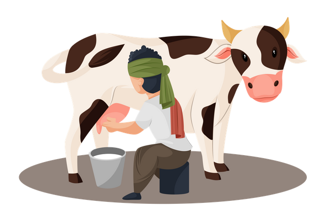Milkman is extracting milk from the cow in bucket Illustration