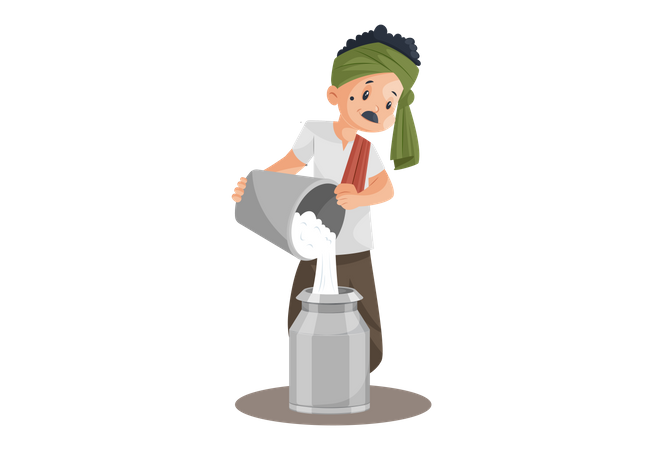 Milkman is filling milk in container with bucket Illustration
