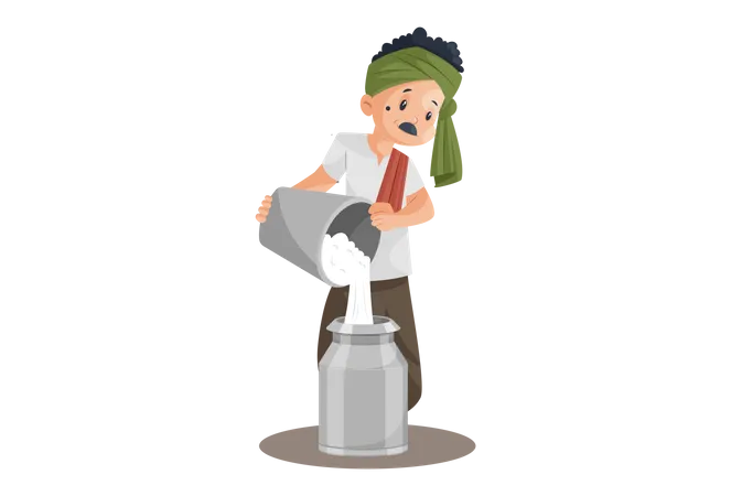 Milkman is filling milk in container with bucket Illustration