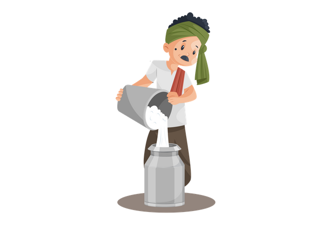 Milkman is filling milk in container with bucket  Illustration