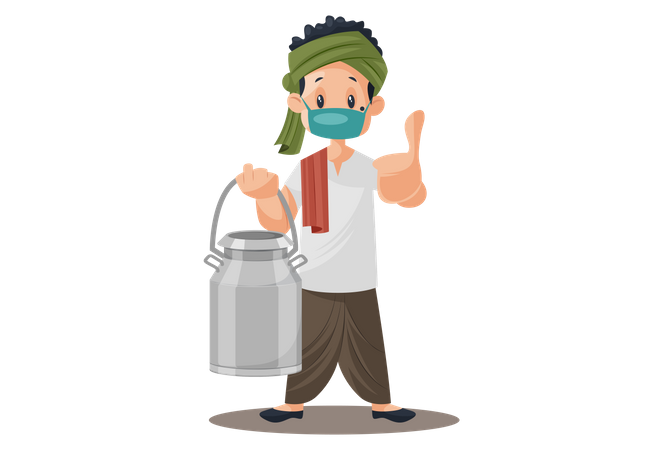 Milkman wearing mask, holding milk can in hand and showing thumbs up  Illustration