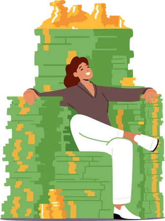 Rich Millionaire Businesswoman Character Sitting On Throne Made Of Money Stacks Coins And Dollars Business Growth Wealth And Prosperity Concept Investor With Money Cartoon Vector Illustration Illustration