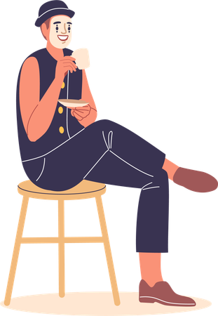 Mime Artist Wearing Traditional Makeup And Costume Sits Calmly On Stool While Enjoying Cup Of Coffee  Illustration