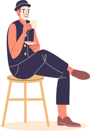 Mime Artist Wearing Traditional Makeup And Costume Sits Calmly On Stool While Enjoying Cup Of Coffee  Illustration