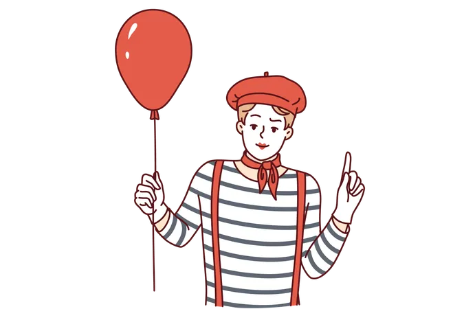 Mime Man Holding Red Balloon And Pointing Finger Up Participating In Pageant Or Circus Mime Guy With White Face Dressed In Long Haired T Shirt And Getting Ready To Make Audience Laugh Illustration