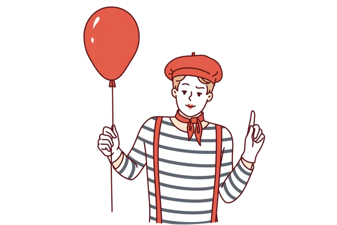 Mime man holding red balloon in circus  Illustration