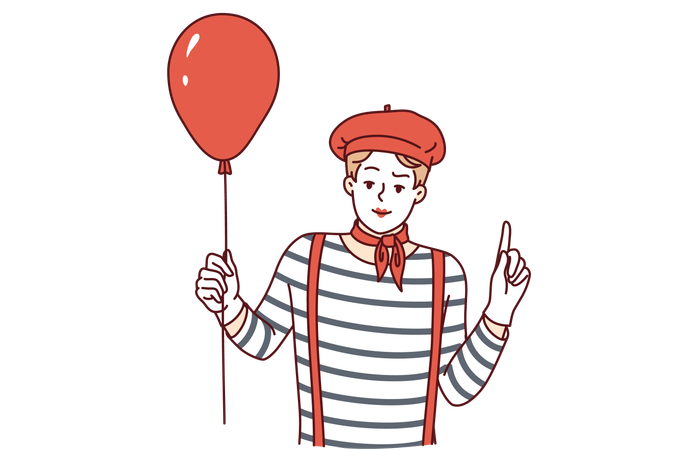Hombre mimo sosteniendo globo rojo en circo  Ilustración