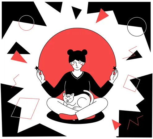 Mindfulness Concept Modern Flat Design Style Illustration With Line Elements A Composition With A Female Manager Meditating Sitting In A Lotus Position With A Cat Stress Relief Keeping Calm Idea Illustration