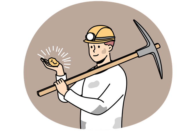 Mineiro masculino com capacete e pedra nas mãos  Ilustração