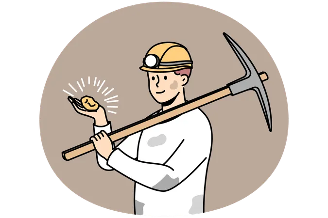 Mineiro masculino com capacete e pedra nas mãos  Ilustração