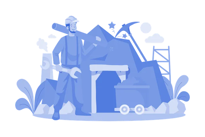 Miner holding wrench and plastic pipe  Illustration