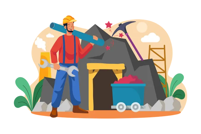 Miner holding wrench and plastic pipe  Illustration