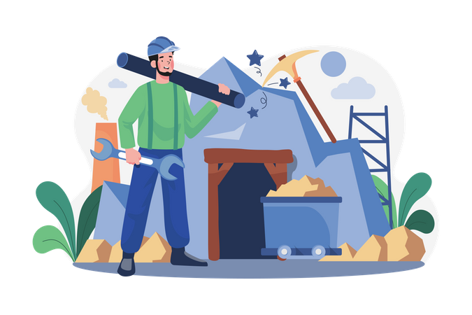 Miner holding wrench and plastic pipe Illustration
