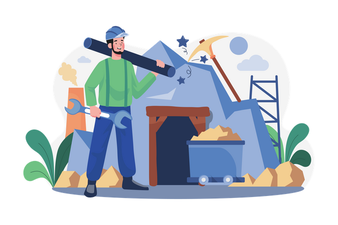 Miner holding wrench and plastic pipe  Illustration