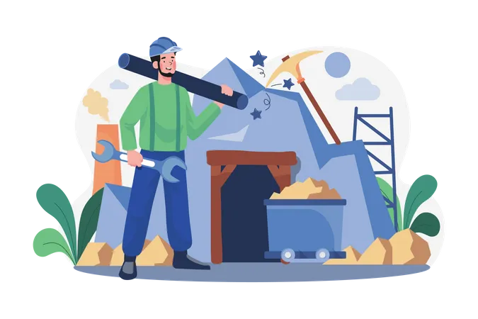 Miner holding wrench and plastic pipe  Illustration