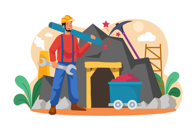 Miner holding wrench and plastic pipe  Illustration