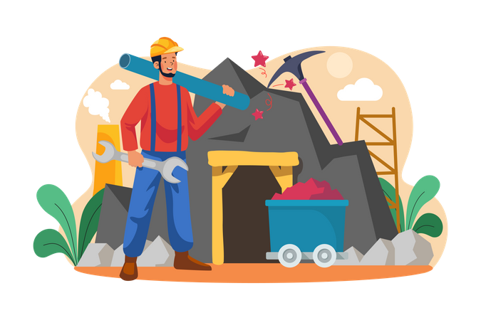 Miner holding wrench and plastic pipe  Illustration