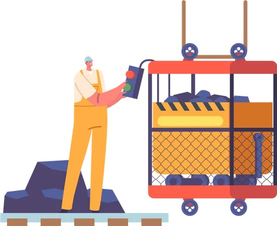 Coal Mining Extraction Industry Concept Miner Character Load Coal In Elevator Engineer Work On Quarry With Transport And Technique Fossil Industrial Production Cartoon People Vector Illustration Illustration
