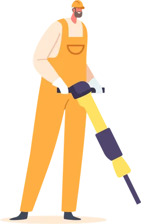 Miner Character Equipped With Jackhammer Drilling And Breaking Rock Dust And Debris Flying While Machinery Is In Operation Protective Gear Is Worn For Safety Cartoon People Vector Illustration Illustration