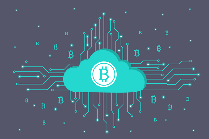 Criptomoeda Bitcoin de mineração em nuvem  Ilustração
