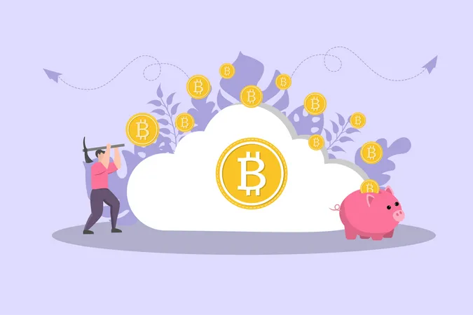 Criptomoeda Bitcoin de mineração em nuvem  Ilustração