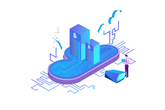 Criptomoeda Bitcoin de mineração em nuvem  Ilustração