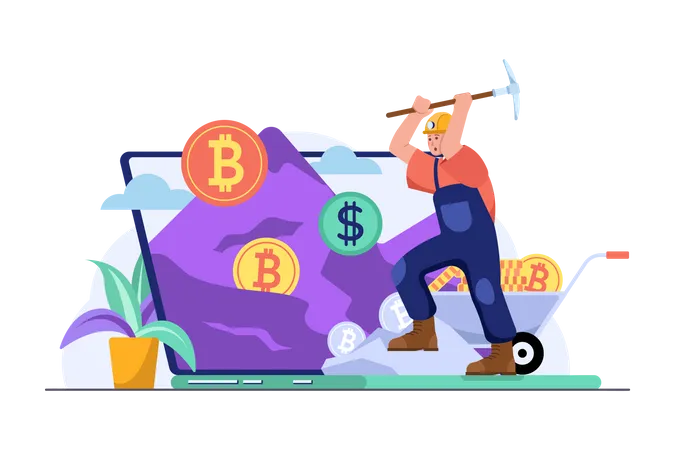 Mineiro fazendo mineração de bitcoin  Ilustração