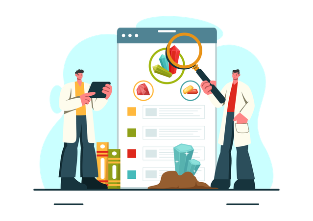Mineralogista revisando el informe de piedra  Ilustración