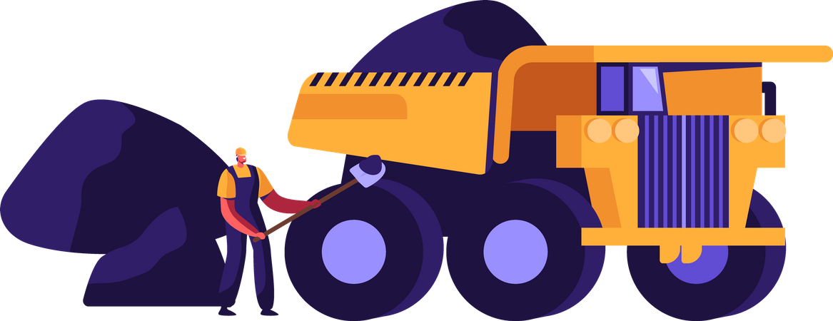 Minero cargando carbón con pala en camión  Ilustración